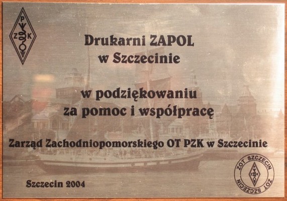Podziękowanie za pomoc dla drukarni ZAPOL ze Szczecina
